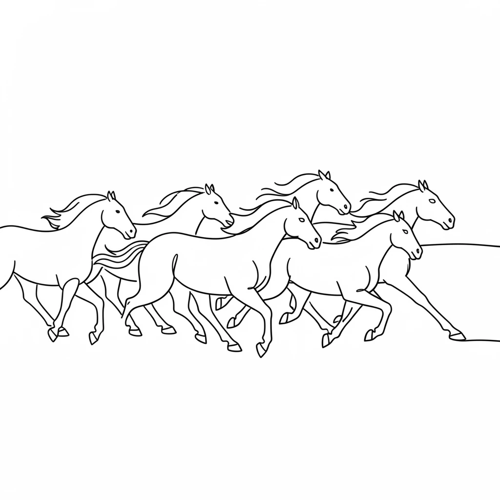 A herd of wild horses galloping freely across an open prairie
