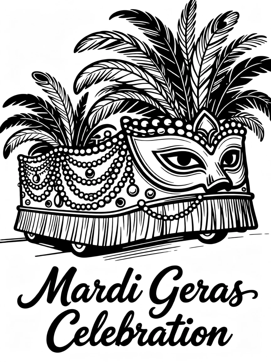 A vibrant Mardi Gras parade float covered in beads and feathers.