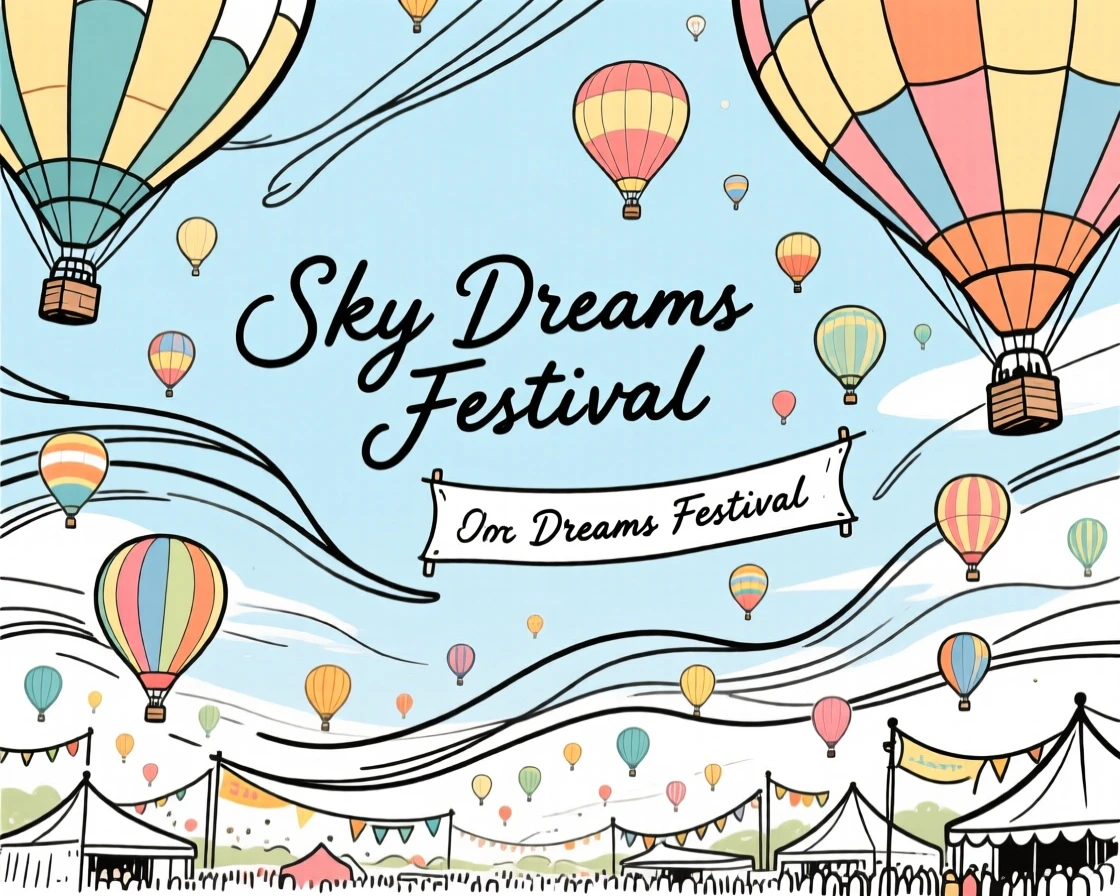 A hot air balloon festival with dozens of balloons filling the sky.