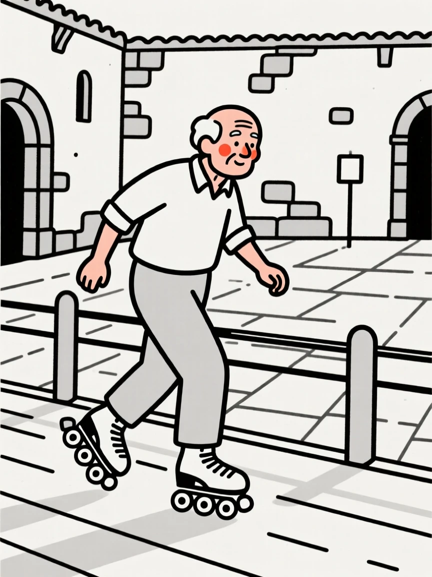 A grandfather of Brazilian heritage roller skating along a boardwalk, in an old stone courtyard.