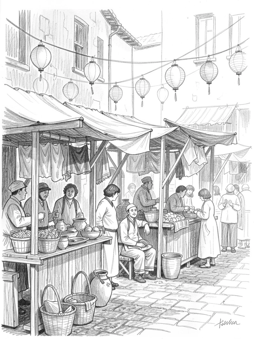 A vibrant cultural scene of vendors selling goods beneath glowing paper lanterns in a historic old town square, with vibrant fabrics fluttering in the breeze.