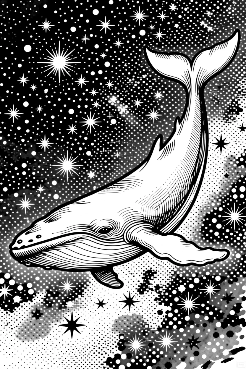 A giant whale gliding gracefully through a sky filled with stars.