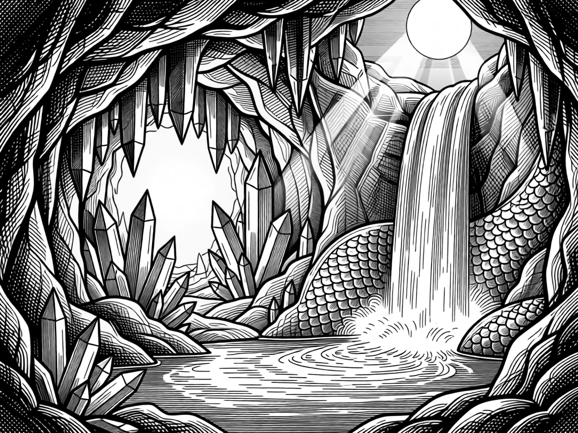 A crystal cave glowing with inner light beside a waterfall that flows upward, with delicate scales catching the moonlight, forming a quietly wondrous fantasy scene.
