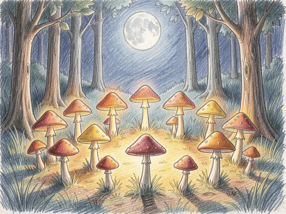 A fairy circle of glowing mushrooms in a moonlit clearing, bathed in the warm glow of golden-hour light, full of charm, emotion, and visual delight.