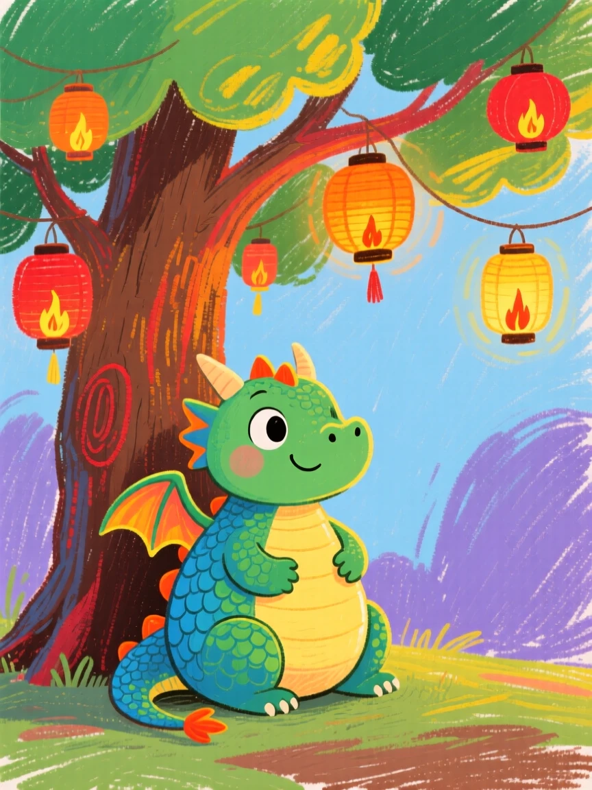 A young dragon sitting beneath a tree of glowing lanterns.