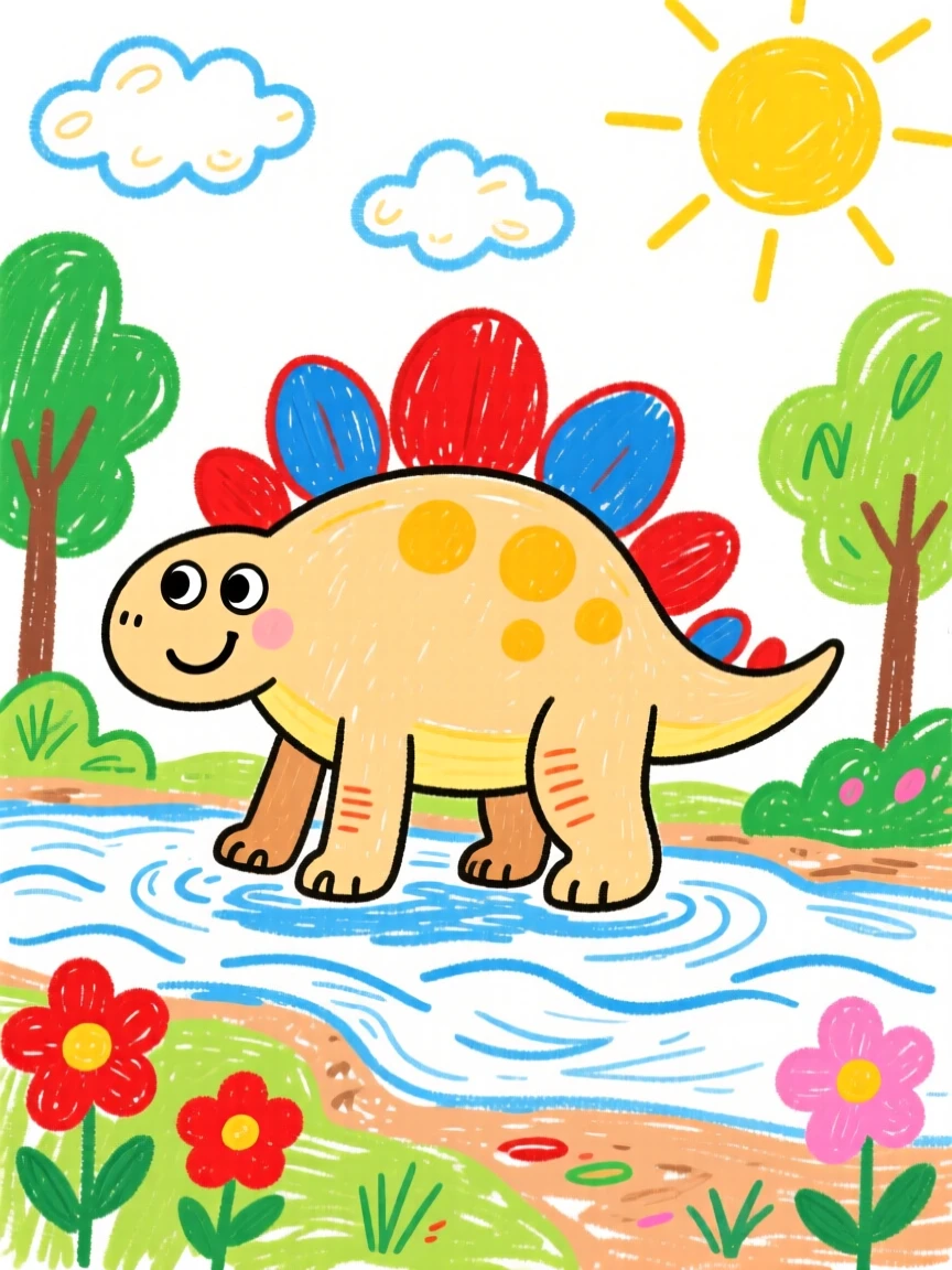A young stegosaurus with plated armor wading through a shallow prehistoric river.