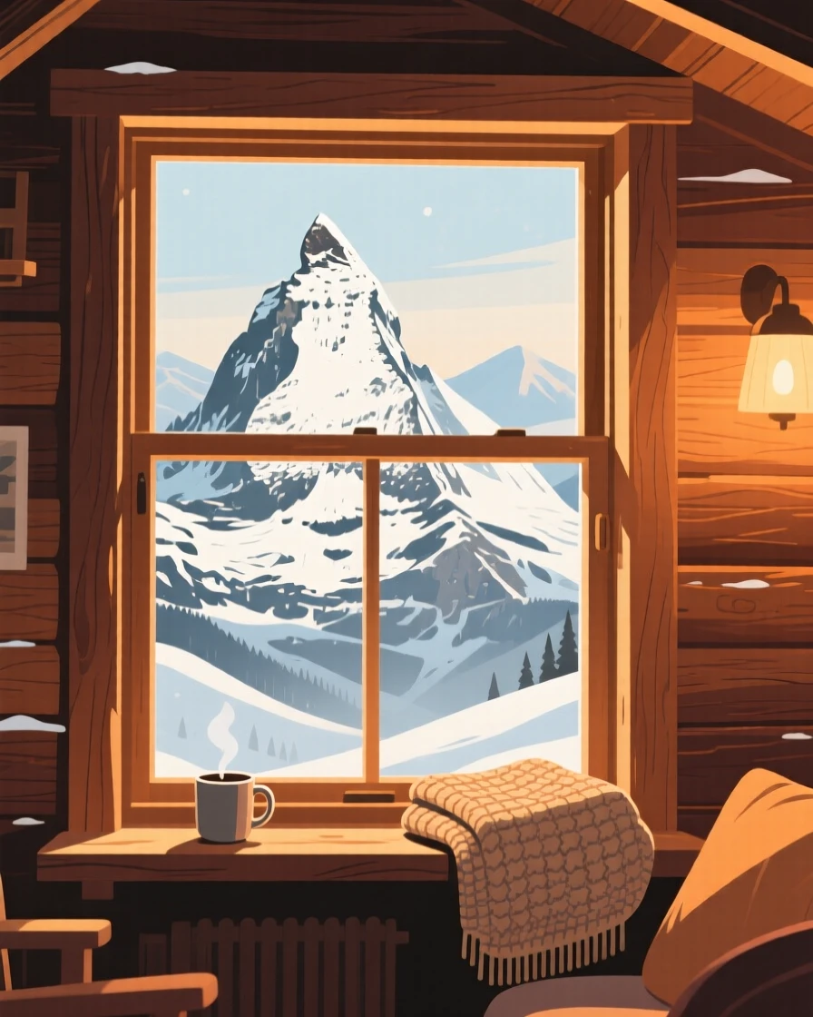 A grand snowy mountain peak seen from a cozy cabin window, with distant mountains fading into soft haze, captured with warm inviting light filling the frame, with a nostalgic, postcard-like charm.