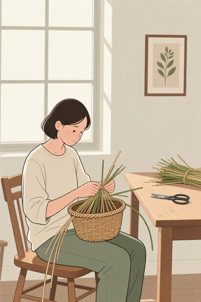 A person weaving a basket in a quiet home studio.