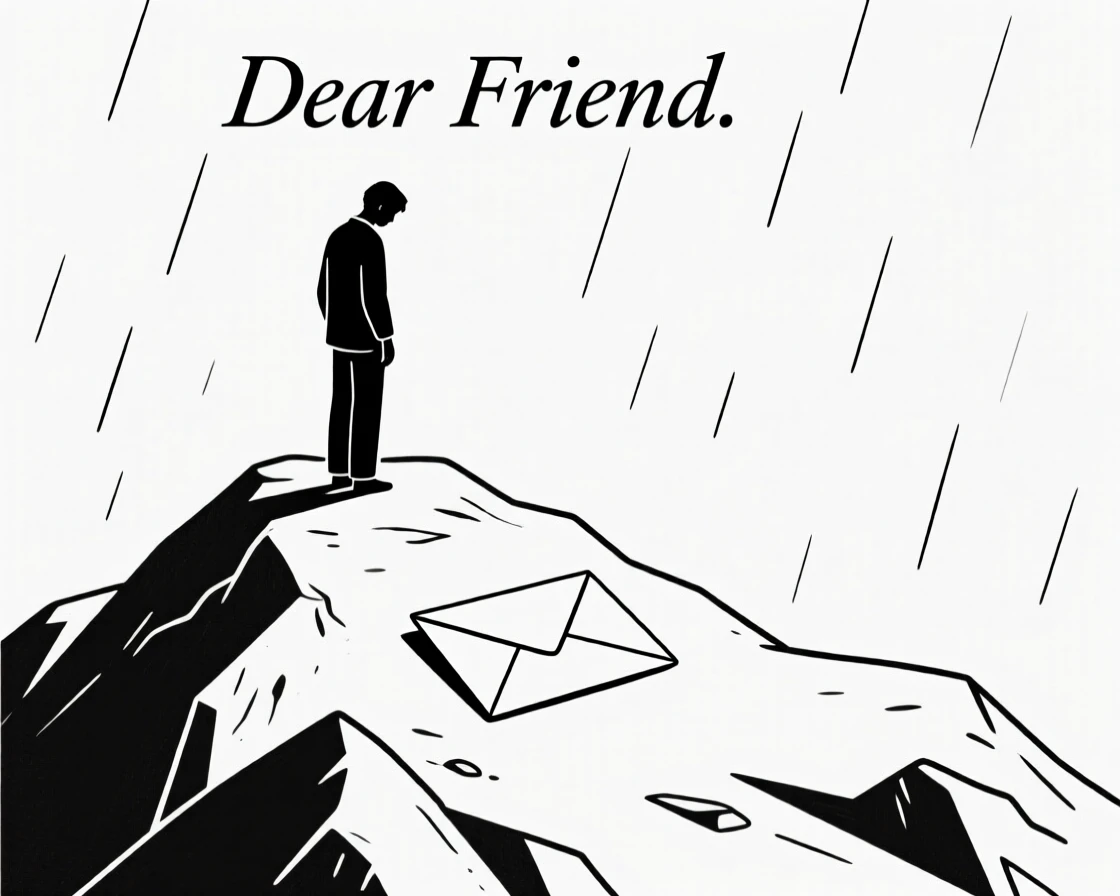 A quiet moment of bittersweet farewell as a person watching the rain pauses in a mountain summit beside an open letter.