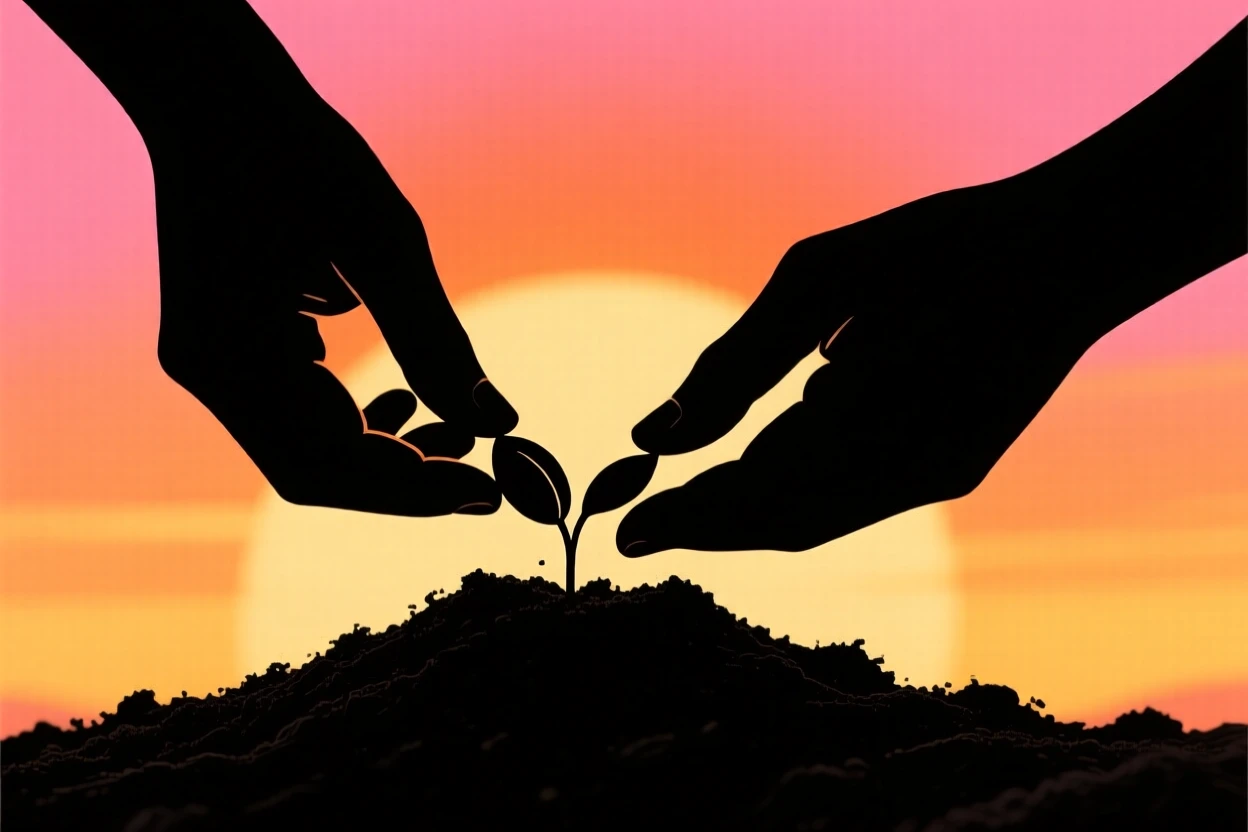A pair of hands planting a small seed in freshly turned soil.