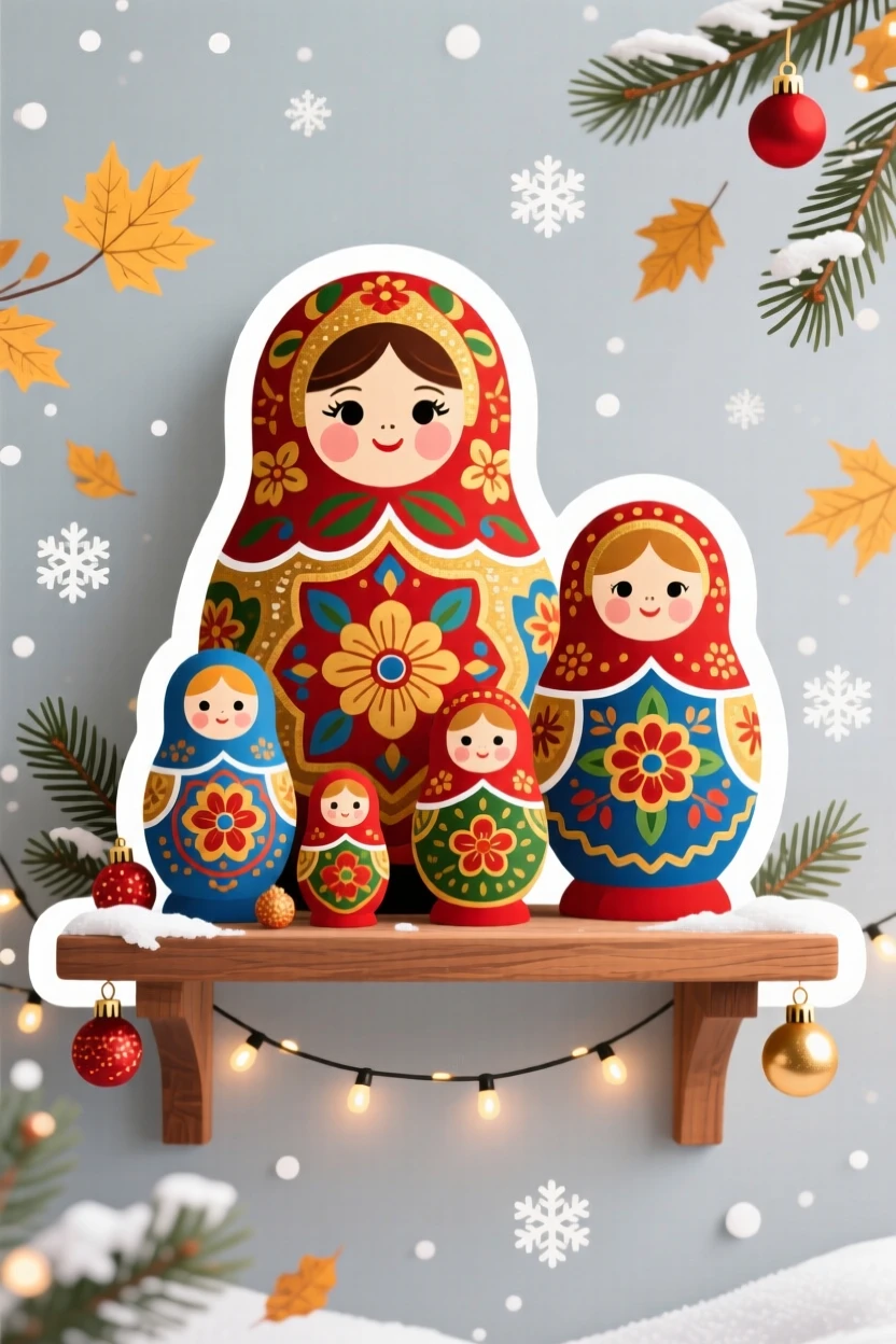 A richly detailed Russian matryoshka doll set on a shelf, captured during a festive celebration, during the region's most beautiful season.