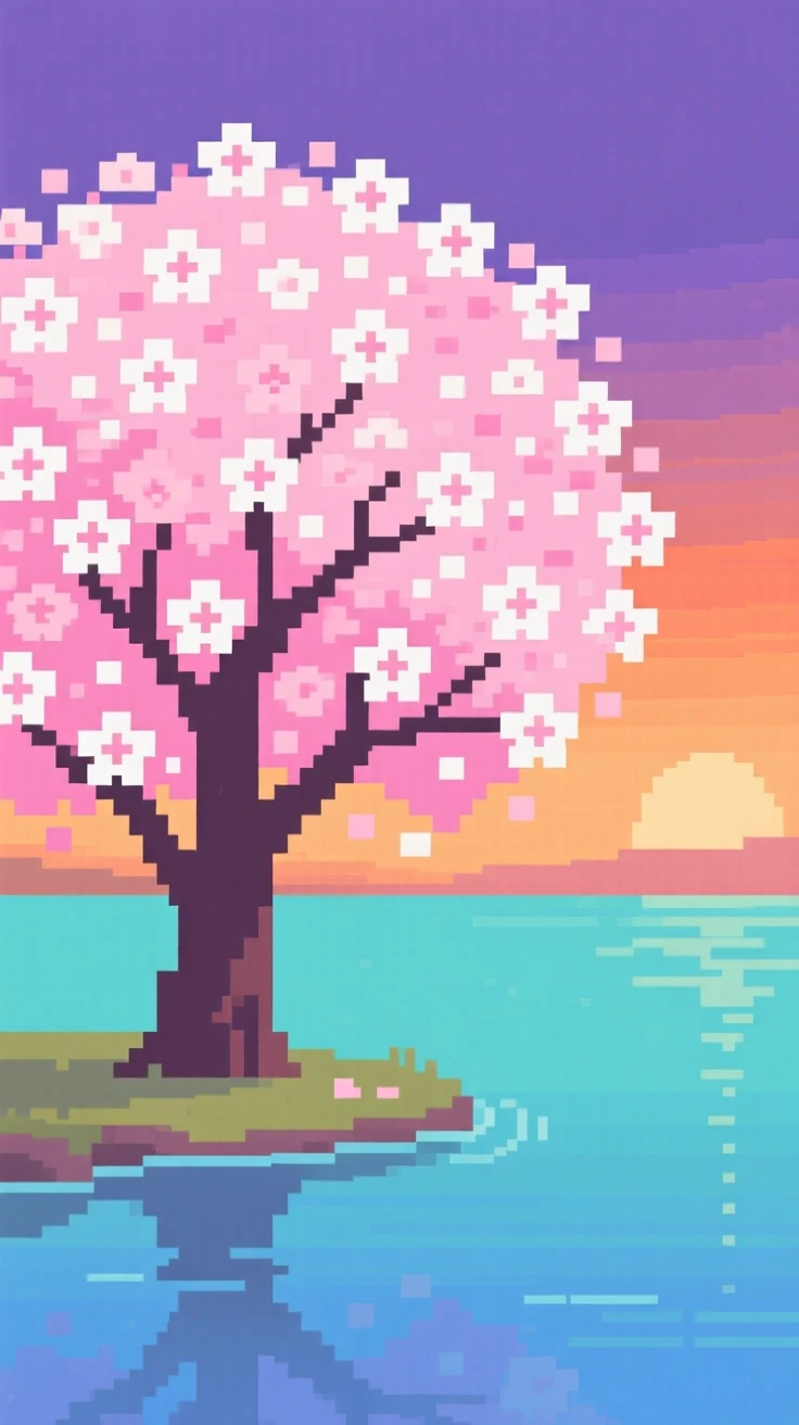 A cherry blossom tree in full bloom covered in a blanket of fresh spring blossoms, beside a lake during a warm summer evening.