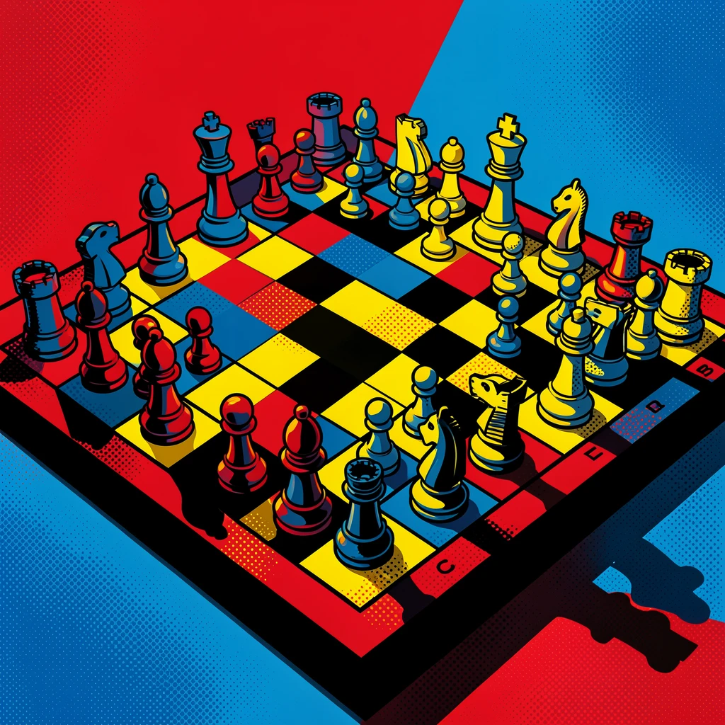 A chess board mid-game with dramatic side lighting