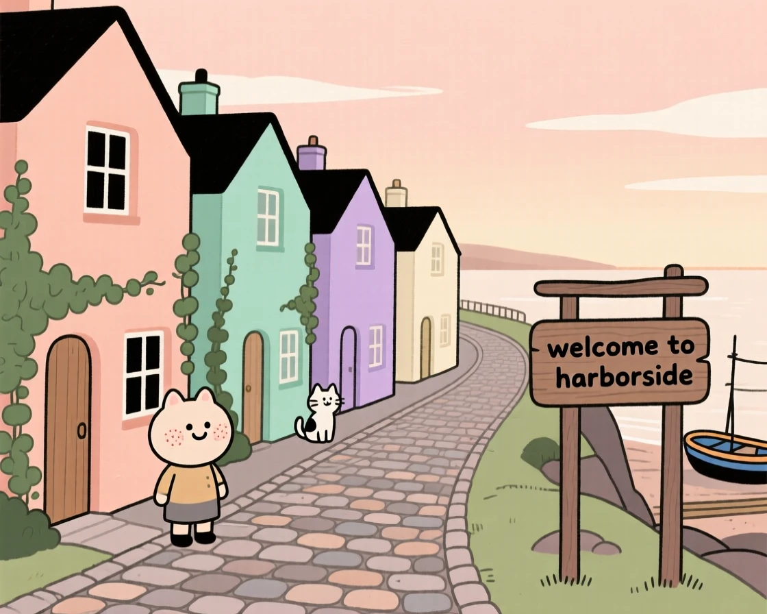 A cobblestone lane winds through a small coastal fishing village lined with pastel-colored houses and climbing ivy, quiet in the early morning light.
