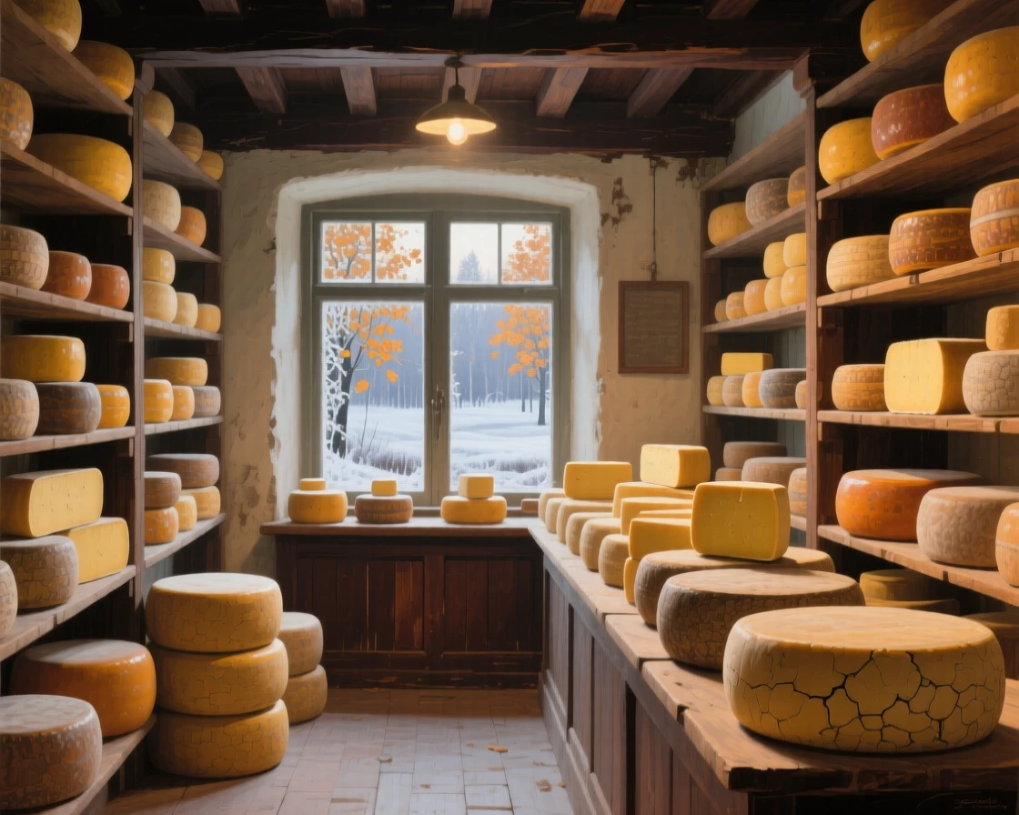 A broad landscape view of a cheese shop with wheels stacked high on wooden shelves, during the first frost of autumn.