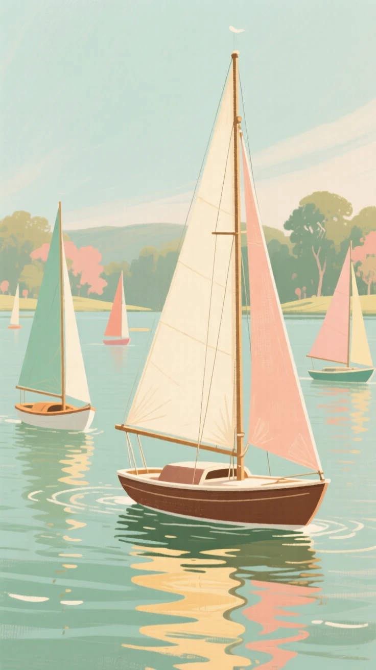 A summer lake dotted with colorful sailboats under a clear sky