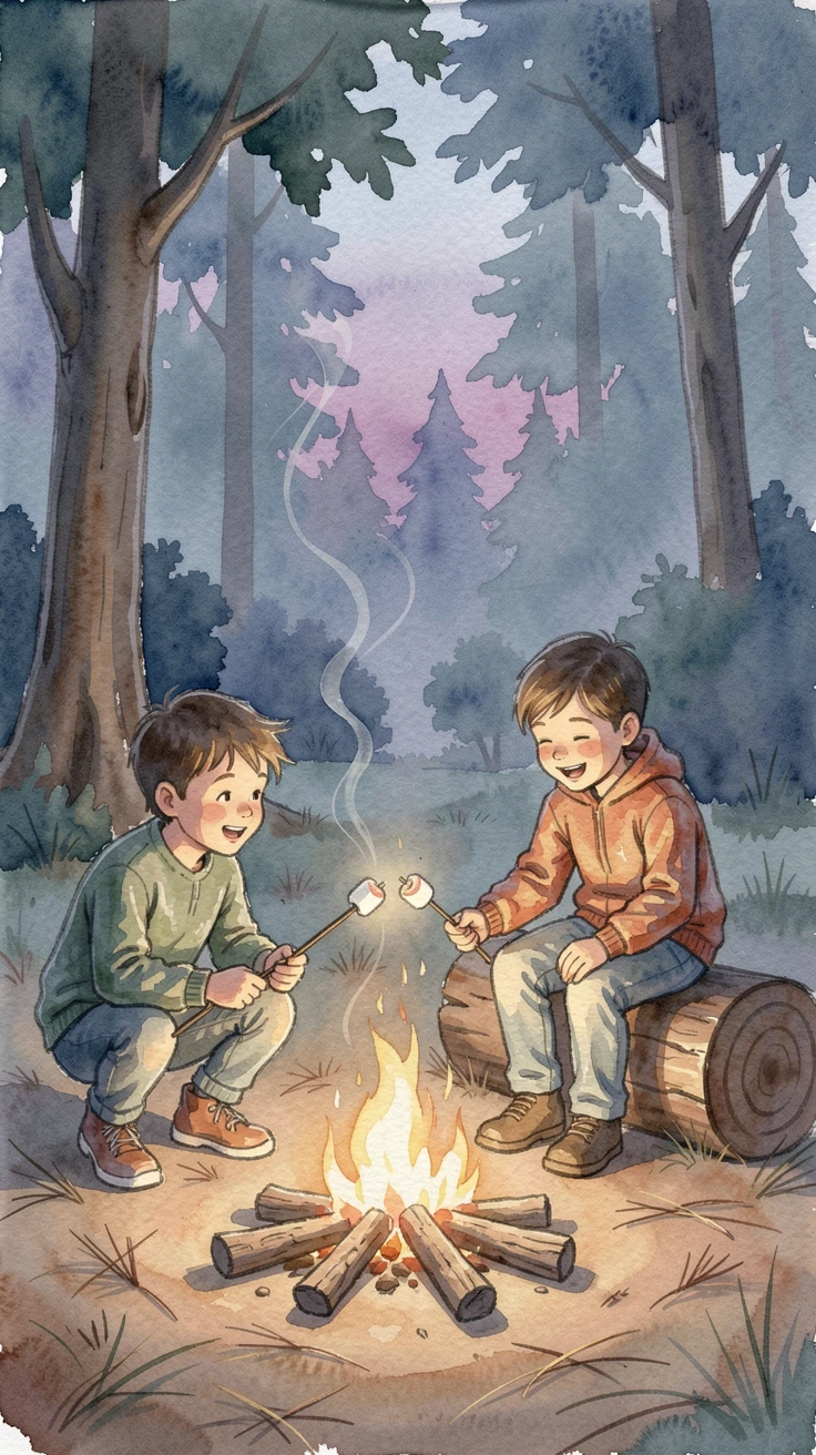 Kids roasting marshmallows around a campfire.