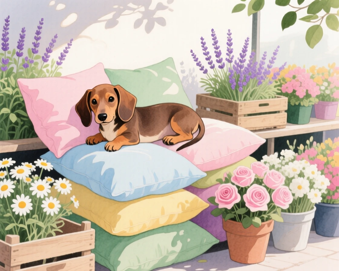 A dachshund puppy rests atop a pile of pillows in a market stall of flowers, while soft light filters through nearby leaves