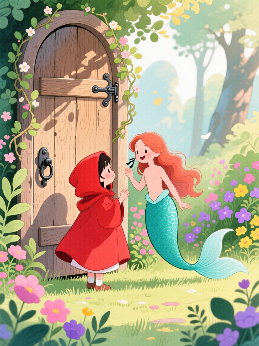 A little girl in a red hooded cloak meeting a singing mermaid in a secret garden behind an old door.
