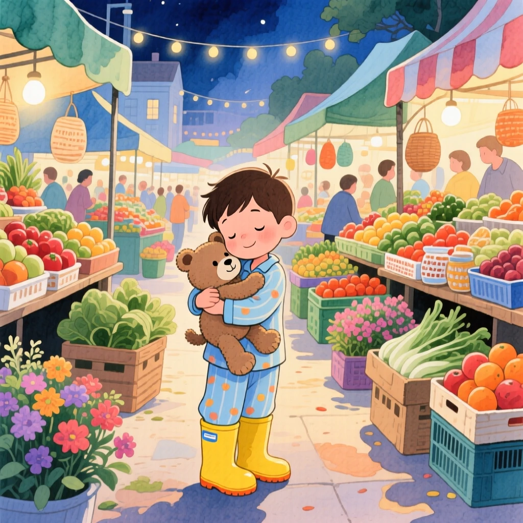 A boy in rain boots hugging a stuffed animal tightly at bedtime, in a farmers' market bustling with color, evoking a warm sense of nostalgia.