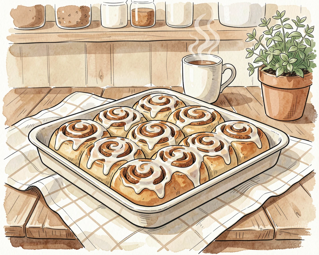 A tray of freshly baked cinnamon rolls drizzled with icing, a cozy, homemade atmosphere filling the scene.