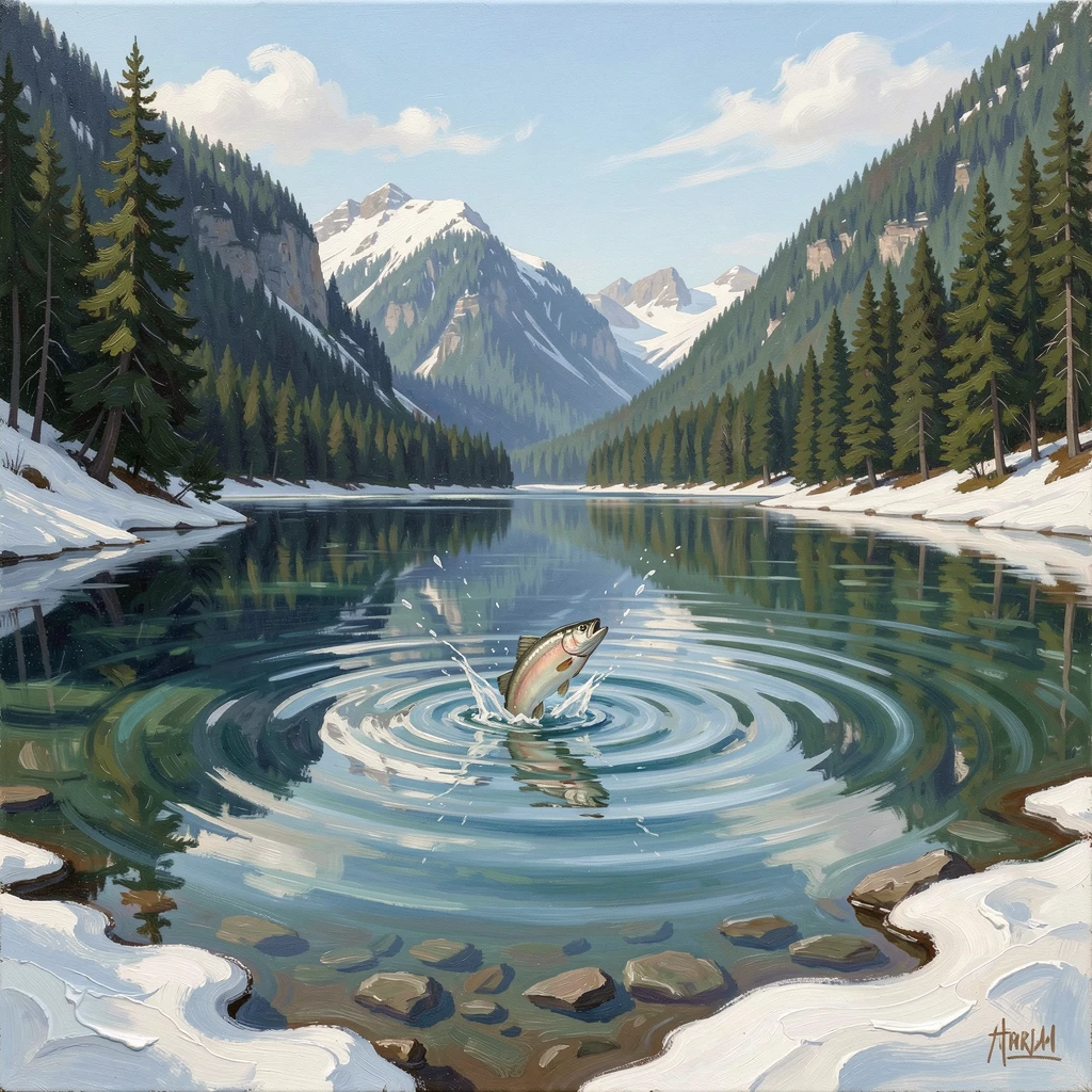 A perfectly still alpine lake, surrounded by towering pine-covered mountains, ripples spreading outward from a leaping fish, in early spring, snowmelt swelling the current.