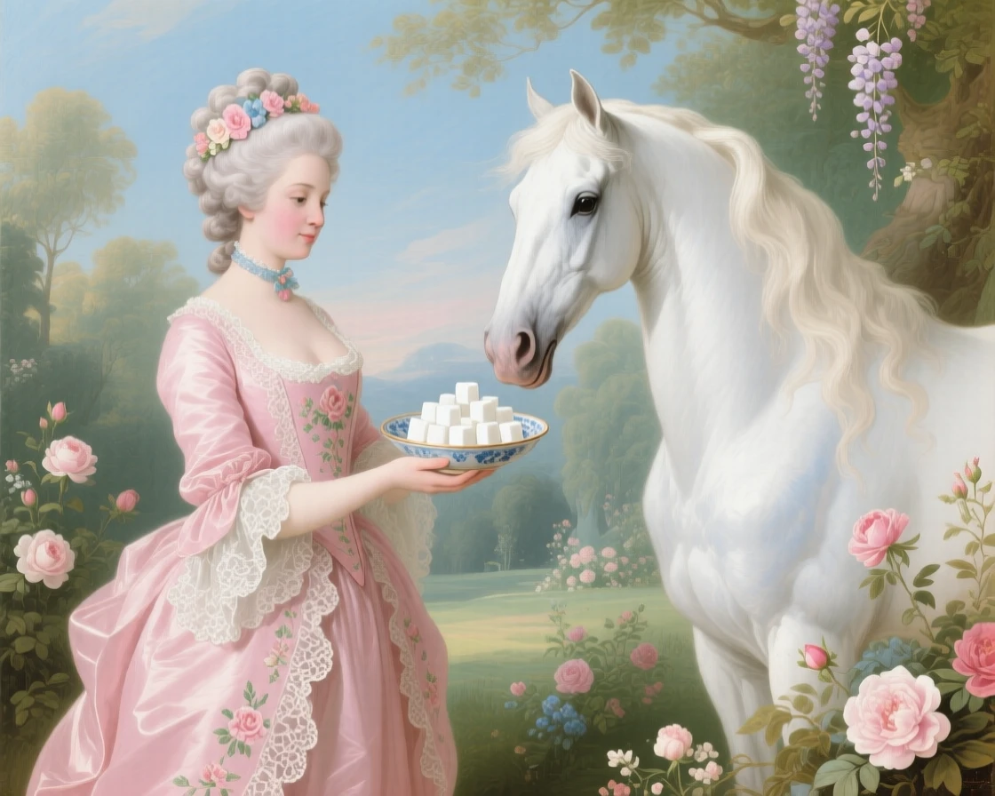 A noblewoman offering sugar cubes to a white horse  