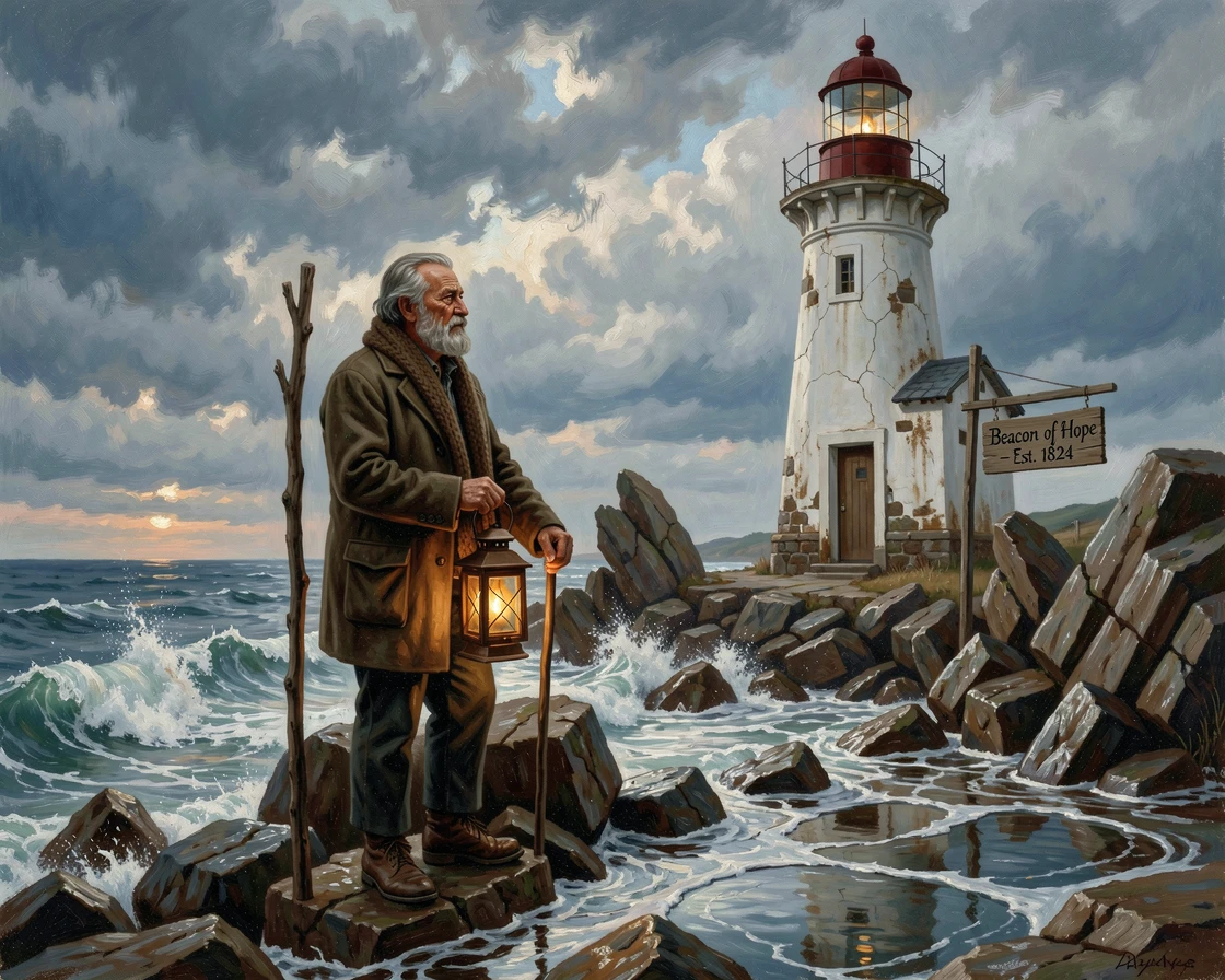An old lighthouse keeper stands upon a rocky shoreline battered by waves as the tide rolls in.