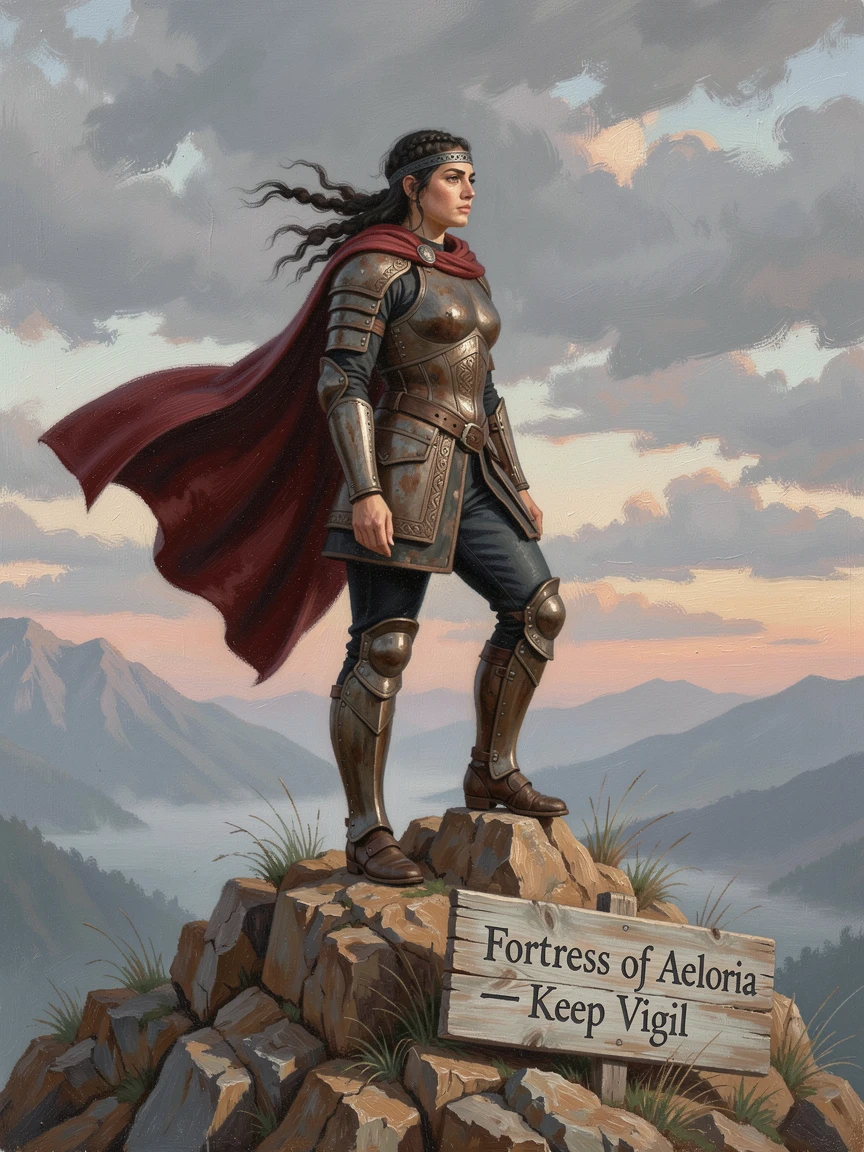 A warrior queen standing atop a cliff, cape billowing in a fierce wind, rendered with photorealistic detail to feel genuinely believable, blending fantasy imagination with striking photorealistic detail