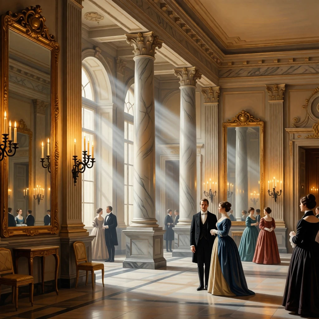A grand ballroom with mirrored walls multiplying candlelight endlessly resonating with the faint echo of distant footsteps, set within a royal residence steeped in history, with dust motes drifting through slanted beams of colored light; strong vertical lines of columns lead the eye upward toward the light, radiating history, refinement, and permanence.