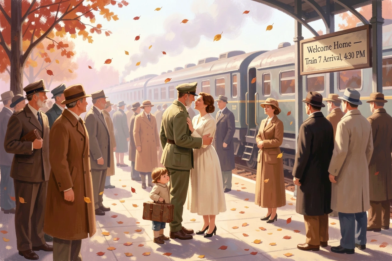 A wartime homecoming scene at a train station, a soldier embracing his family amid a crowd of onlookers, as autumn leaves begin to fall, evoking a sense of peace and quiet wonder.