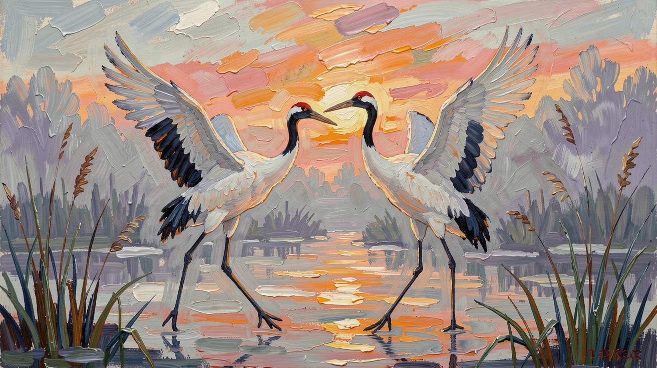 A pair of cranes dancing together in a misty wetland at dawn.
