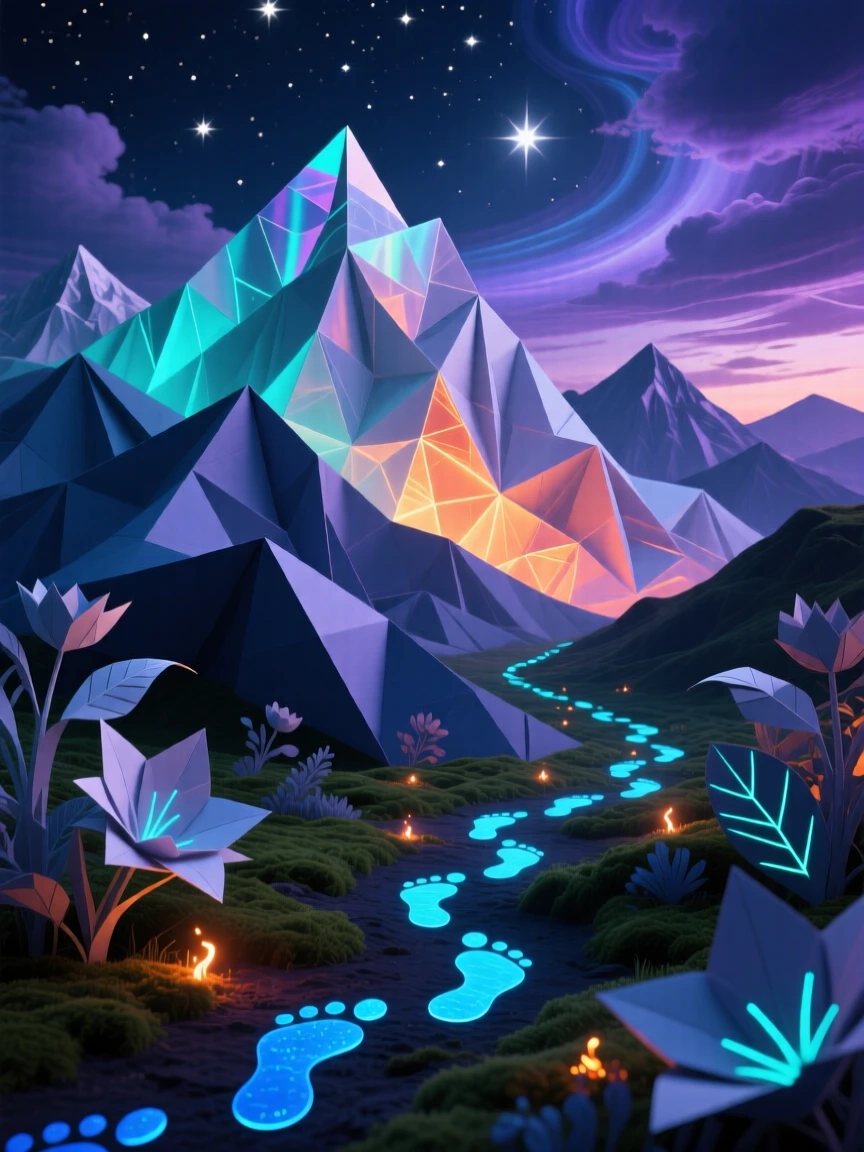 A mountain range that folds and unfolds like paper origami glows softly from within as night settles over it, while a trail of glowing footprints marks a path forward.