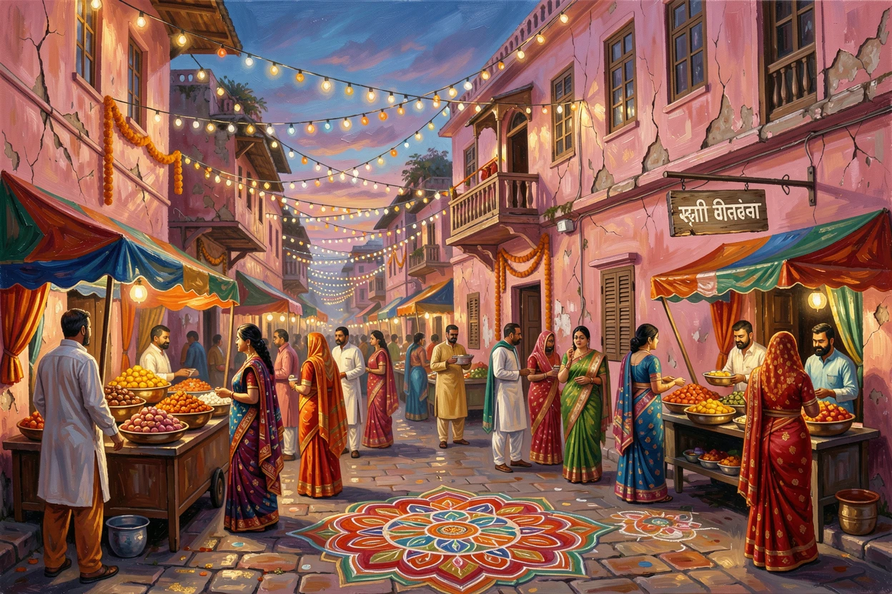 A vibrant Diwali-decorated street in Jaipur glows with strings of lights and rangoli patterns, vendors selling sweets beneath a pink-walled building, the play of light across weathered surfaces revealing decades of history in every wall.
