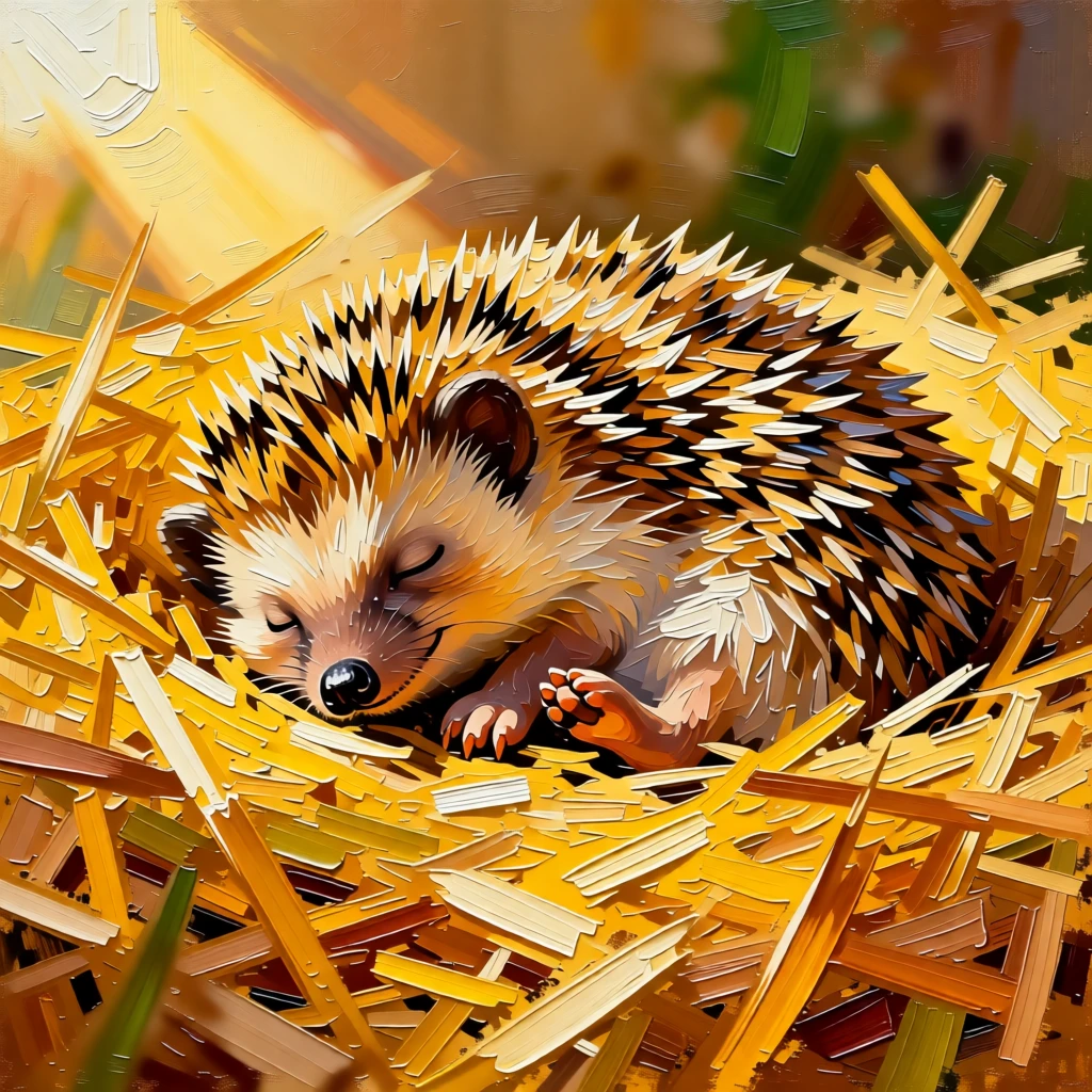 A heartwarming photo of a baby hedgehog napping in a soft bed of straw in warm afternoon light