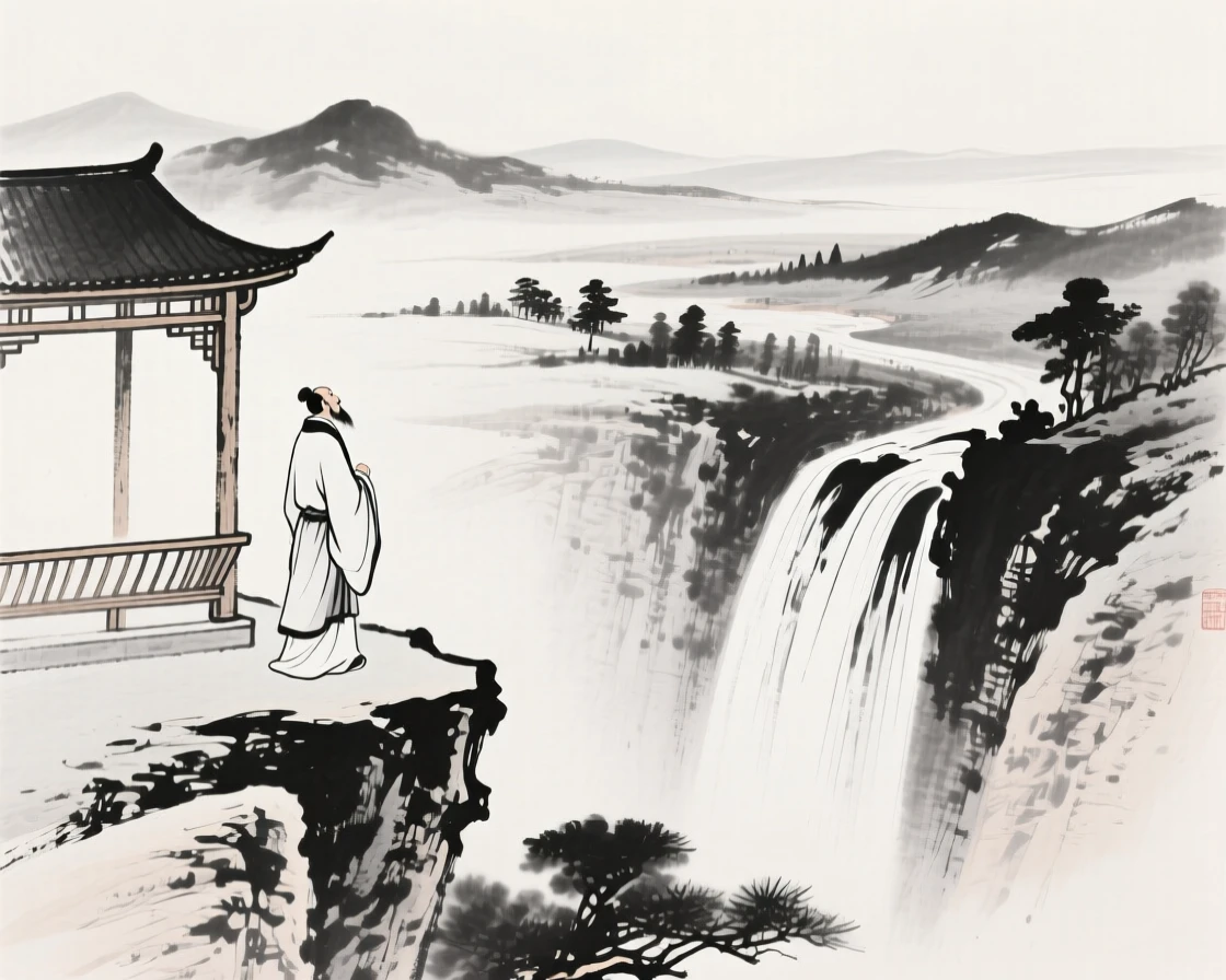 A scholar gazes out over a valley from a cliffside pavilion, with a waterfall visible cascading in the distance.