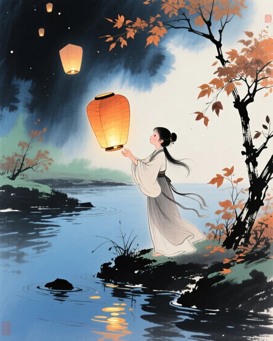 A young girl releasing paper lanterns onto a river at night, in late autumn, brimming with peaceful contentment.