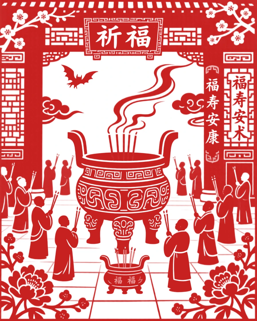 A temple courtyard filled with worshippers lighting incense before a great bronze cauldron