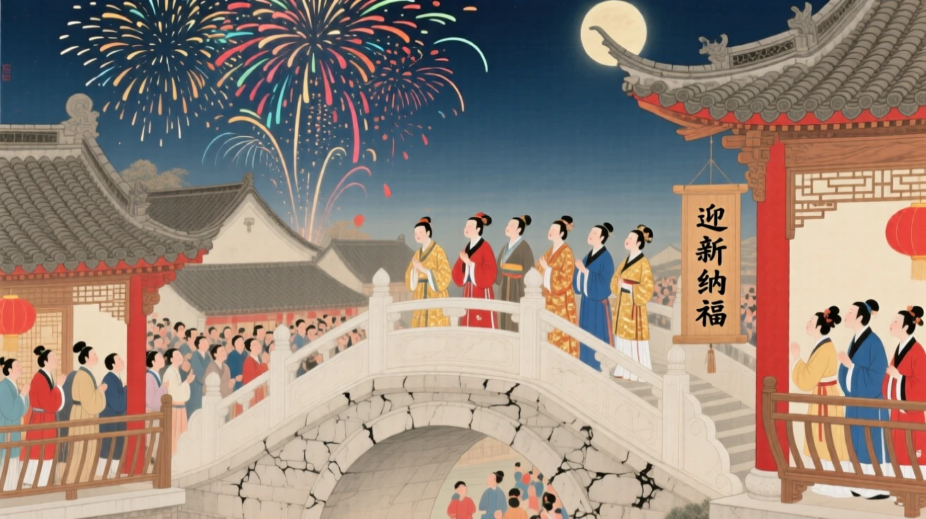 A rooftop gathering to watch fireworks during a lunar new year celebration, seen from a bridge overlooking the crowd