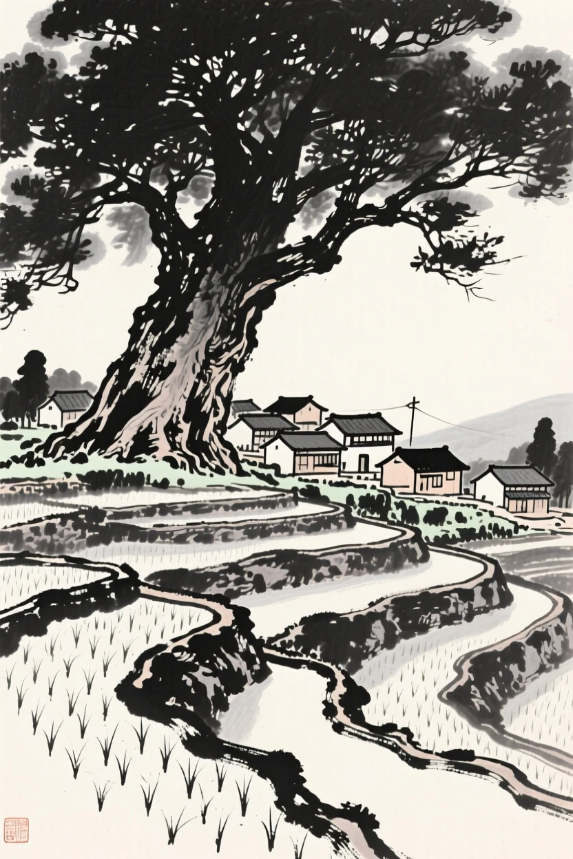 A terraced rice paddy village beneath the shade of an ancient tree, viewed from below to emphasize its quiet grandeur, carrying a sense of sacred stillness.