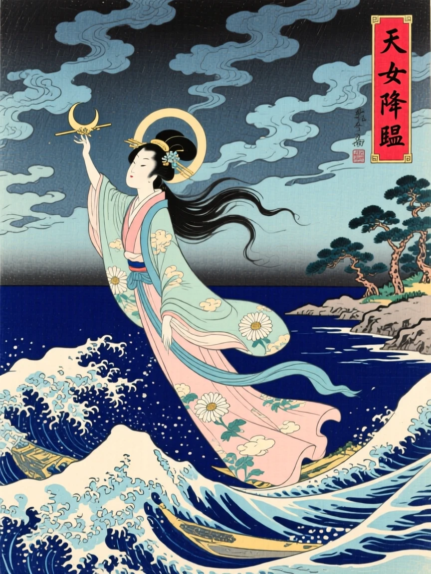 A descending celestial maiden emerging from crashing waves beneath a stormy sky.