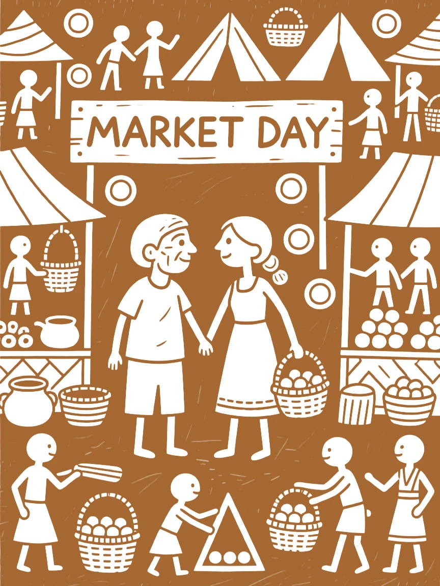 An elderly couple exchanging a gentle glance across a crowded market.