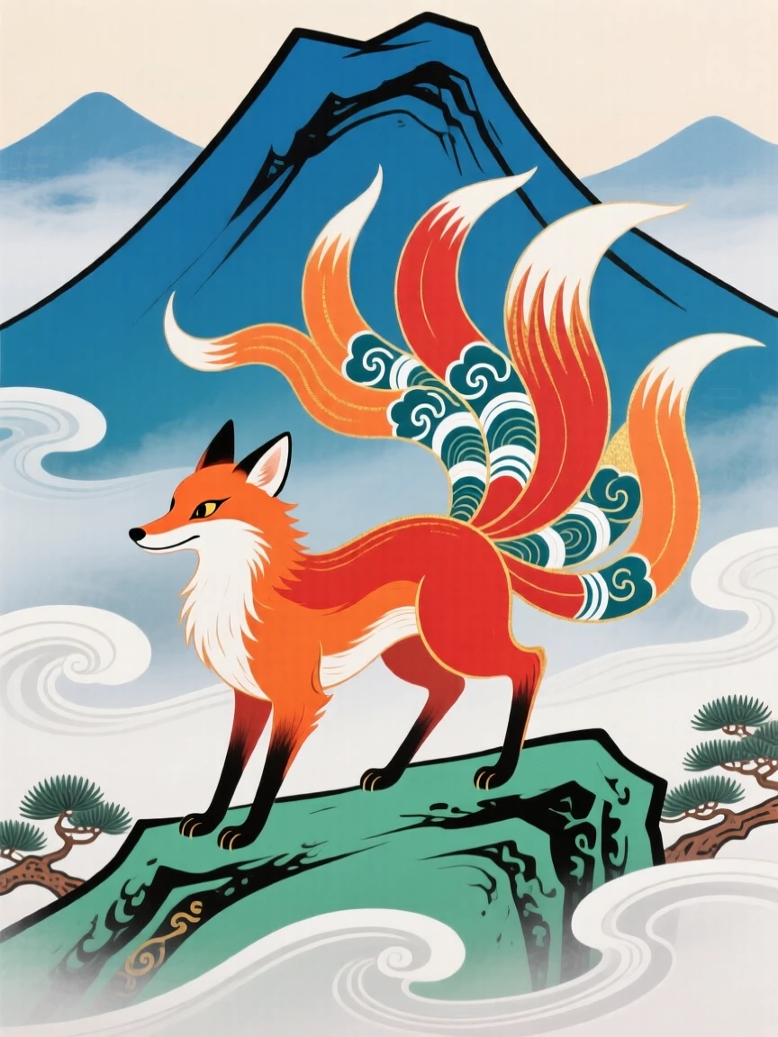 A nine-tailed fox, emerging from behind rolling fog on a mountain ridge.