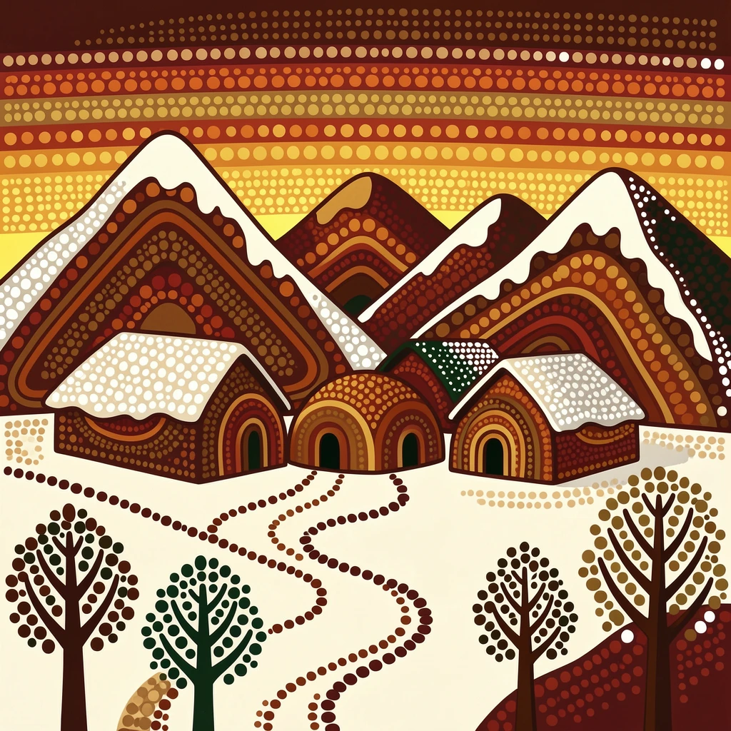 A snowbound mountain village lit by the last light of day