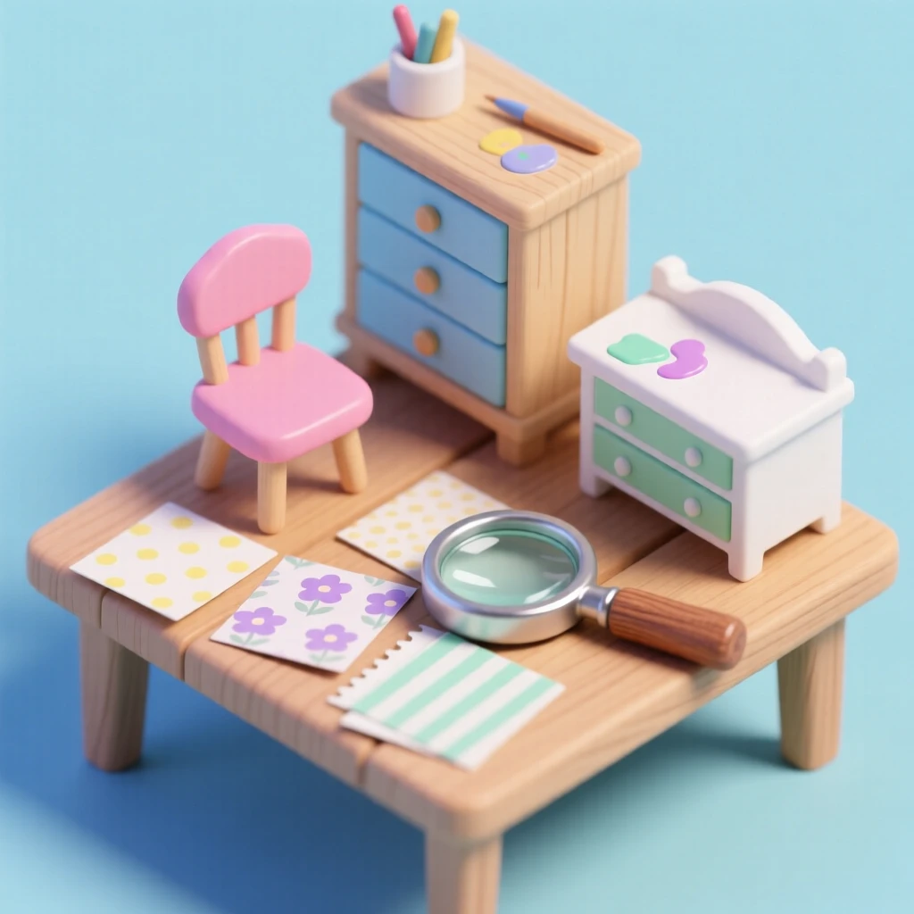 A dollhouse miniature workshop with tiny furniture being painted, wallpaper samples spread across the table, and a magnifying glass nearby.