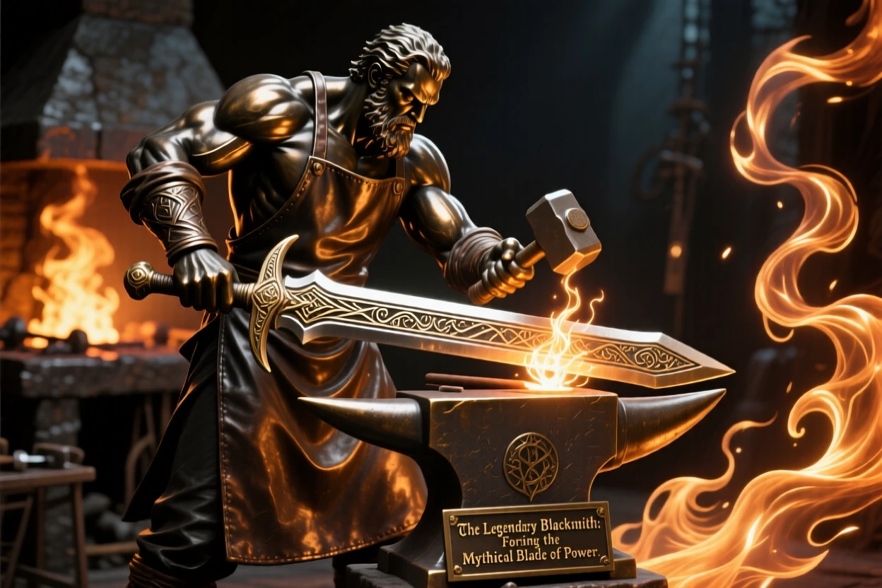 A legendary blacksmith forging a mythical sword, with an aura of ancient power, radiating awe and grandeur