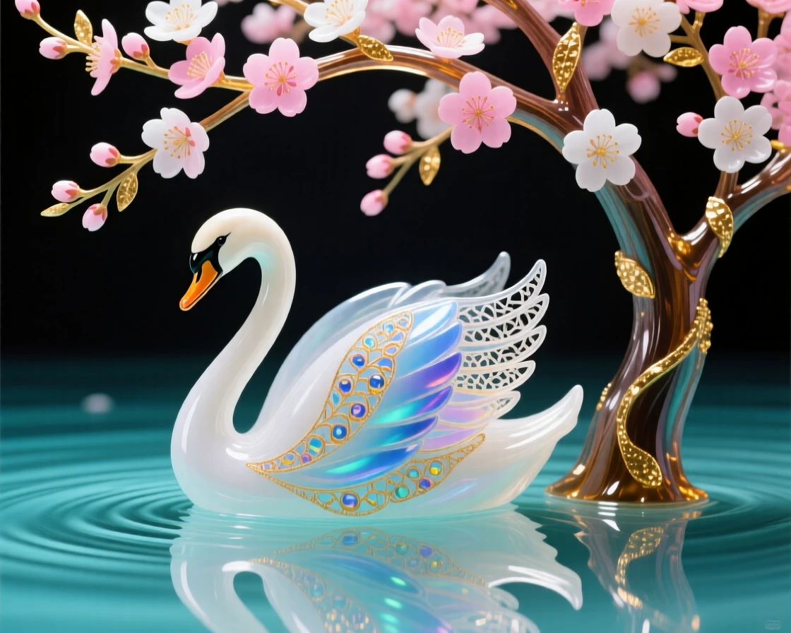 A single swan gliding beneath a blossoming cherry tree reflected in still water, serene and elegant.