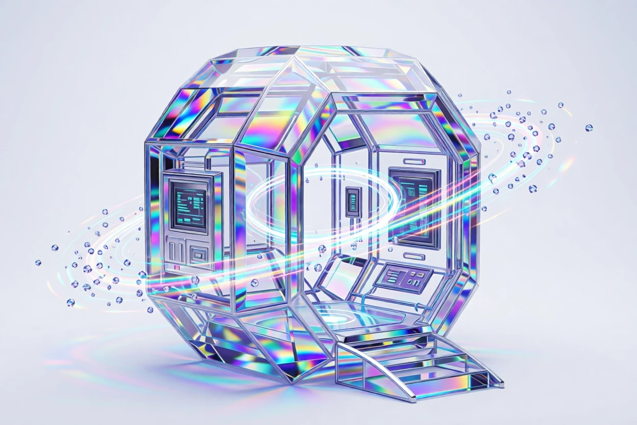 A quantum teleportation chamber glowing with swirling particle light effects.