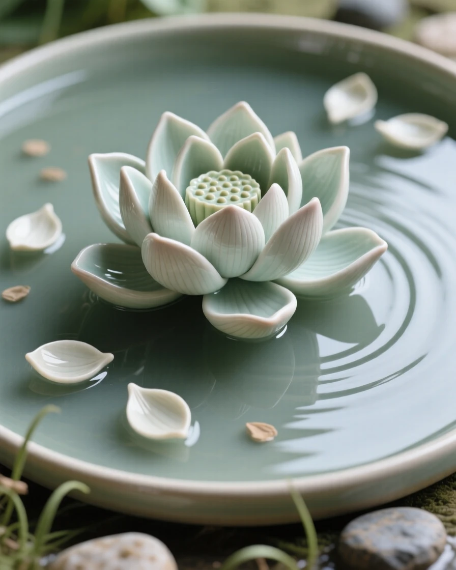 A delicate lotus floating atop still water clustered together in natural harmony, surrounded by scattered fallen petals, radiating freshness and natural elegance.