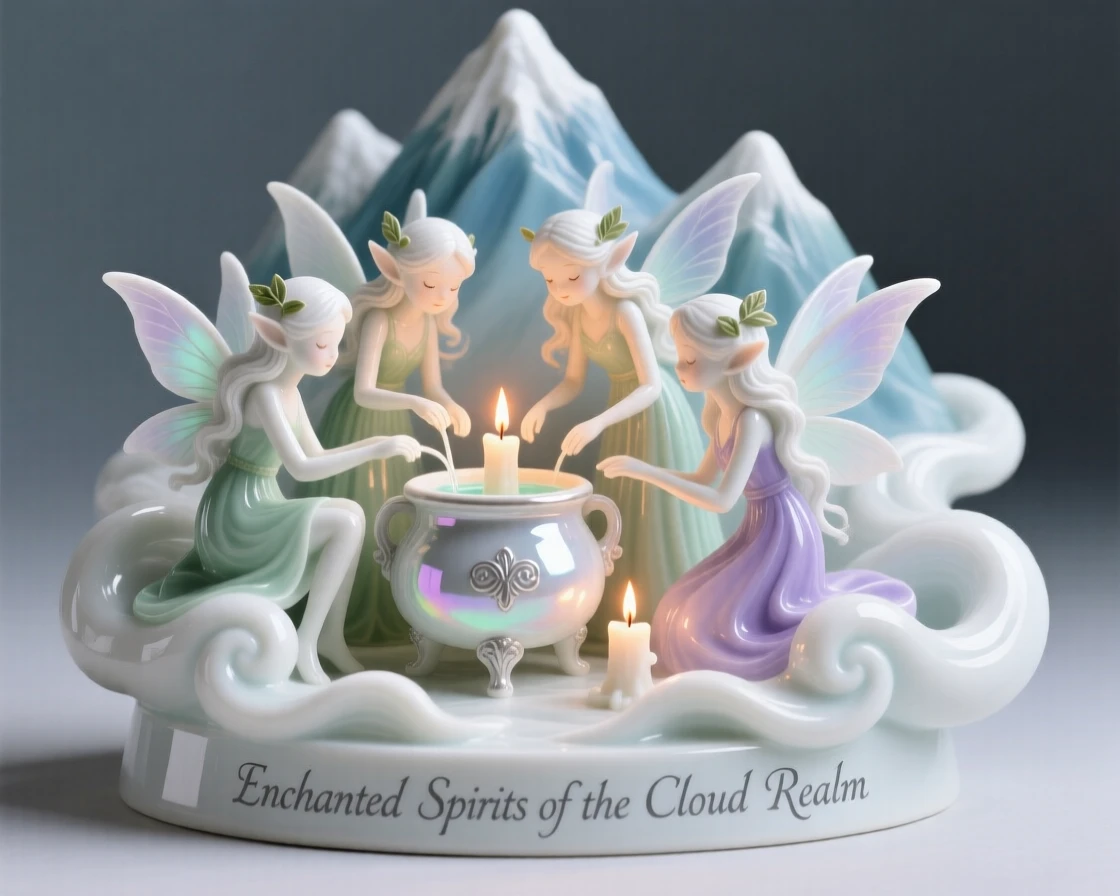 A whimsical scene of a group of forest sprites brewing a shimmering potion by candlelight in a cloud kingdom above the mountains.